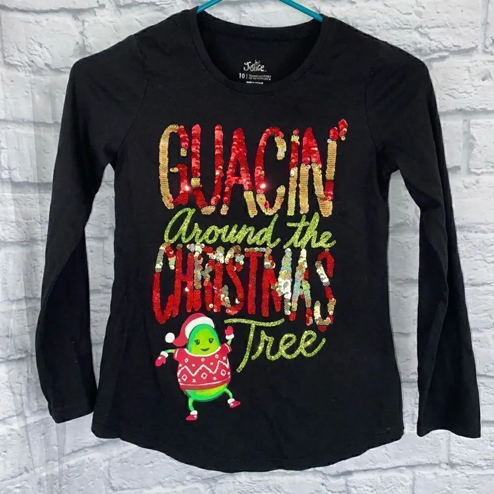 Justice changing sequins and glitter Longsleeve avocado Christmas shirt sz 10 gi